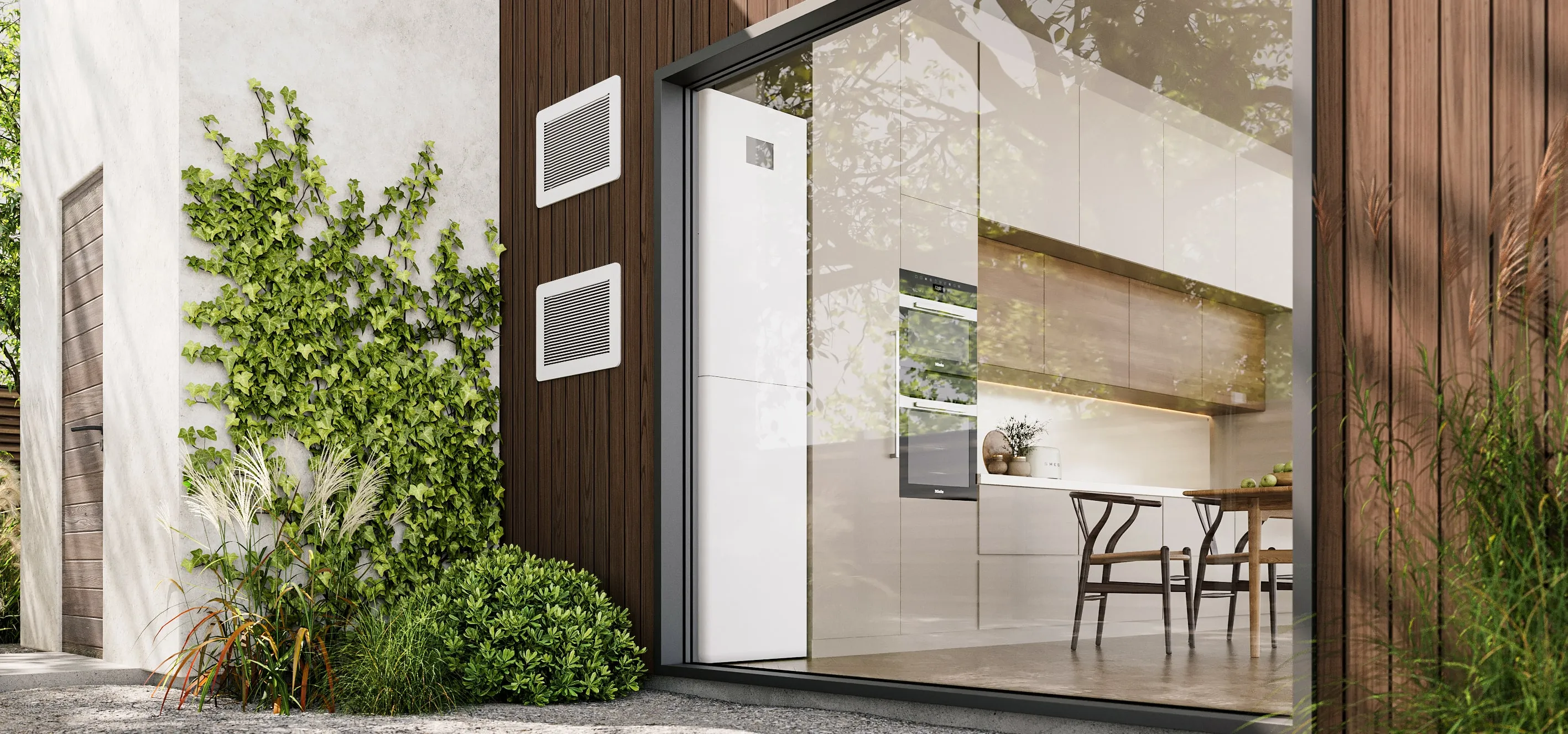 Wood-clad house exterior with a STØNE unit by the entry