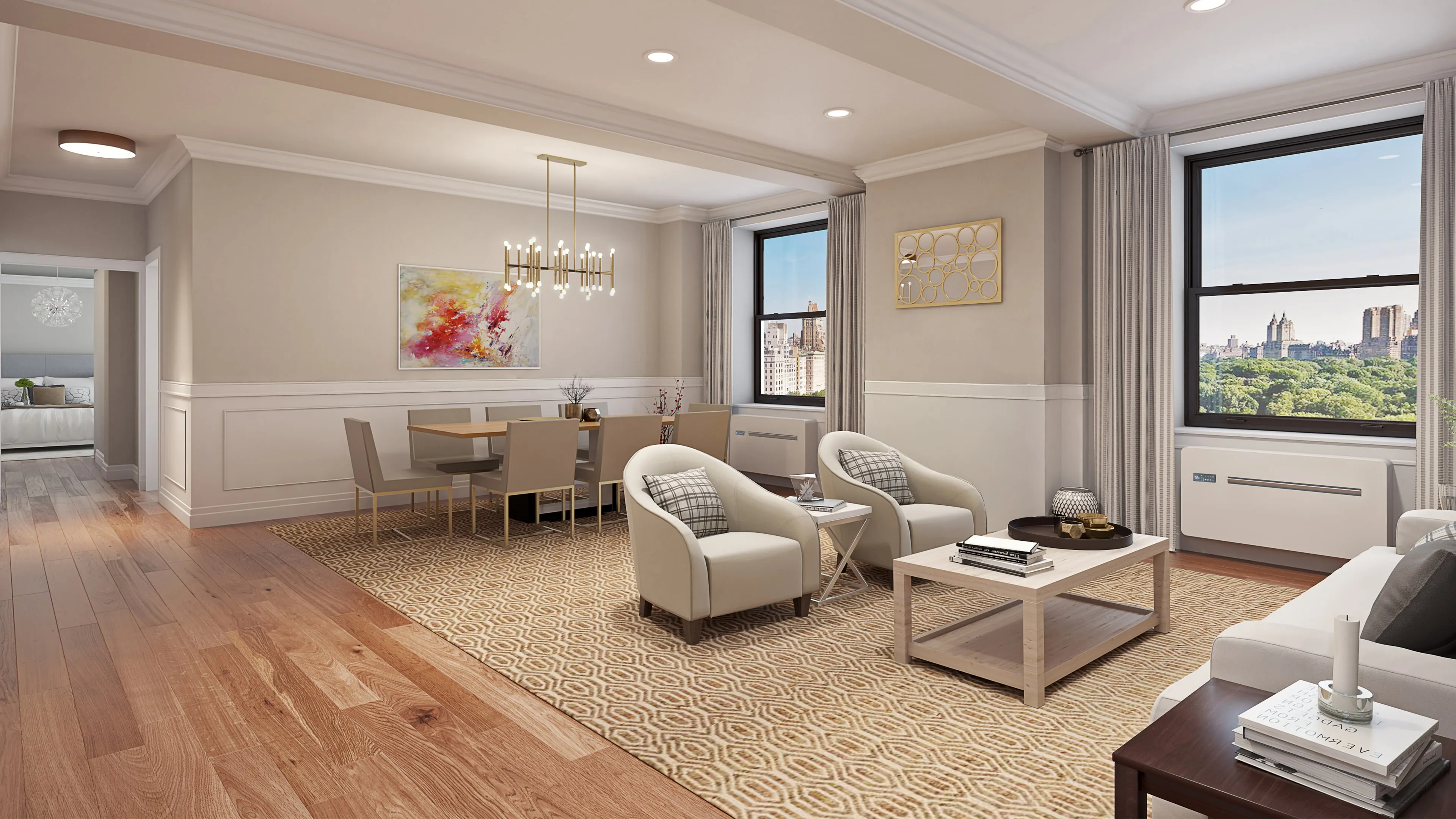 Living room with two AIO wall consoles beneath the windows